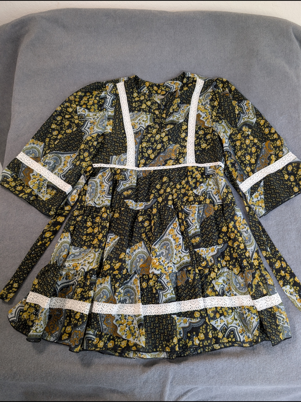 Ali & Kris Womens Boho Floral Paisley Tiered Mini Dress Blue Yellow Size M - Picture 2 of 9